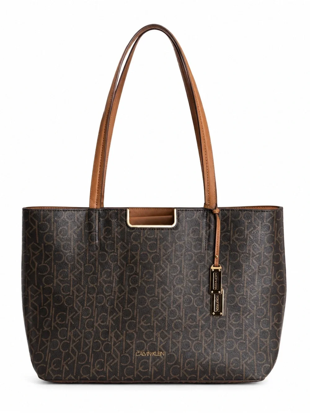 Calvin Klein Dark Brown Monogram Tote with Tan Straps NWOT - Picture 1 of 11